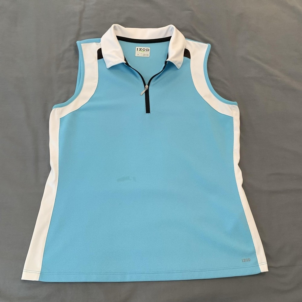 IZOD Golf Polo Shirt Womens Large Blue White Colorblock 1/4 Zip Sleeveless